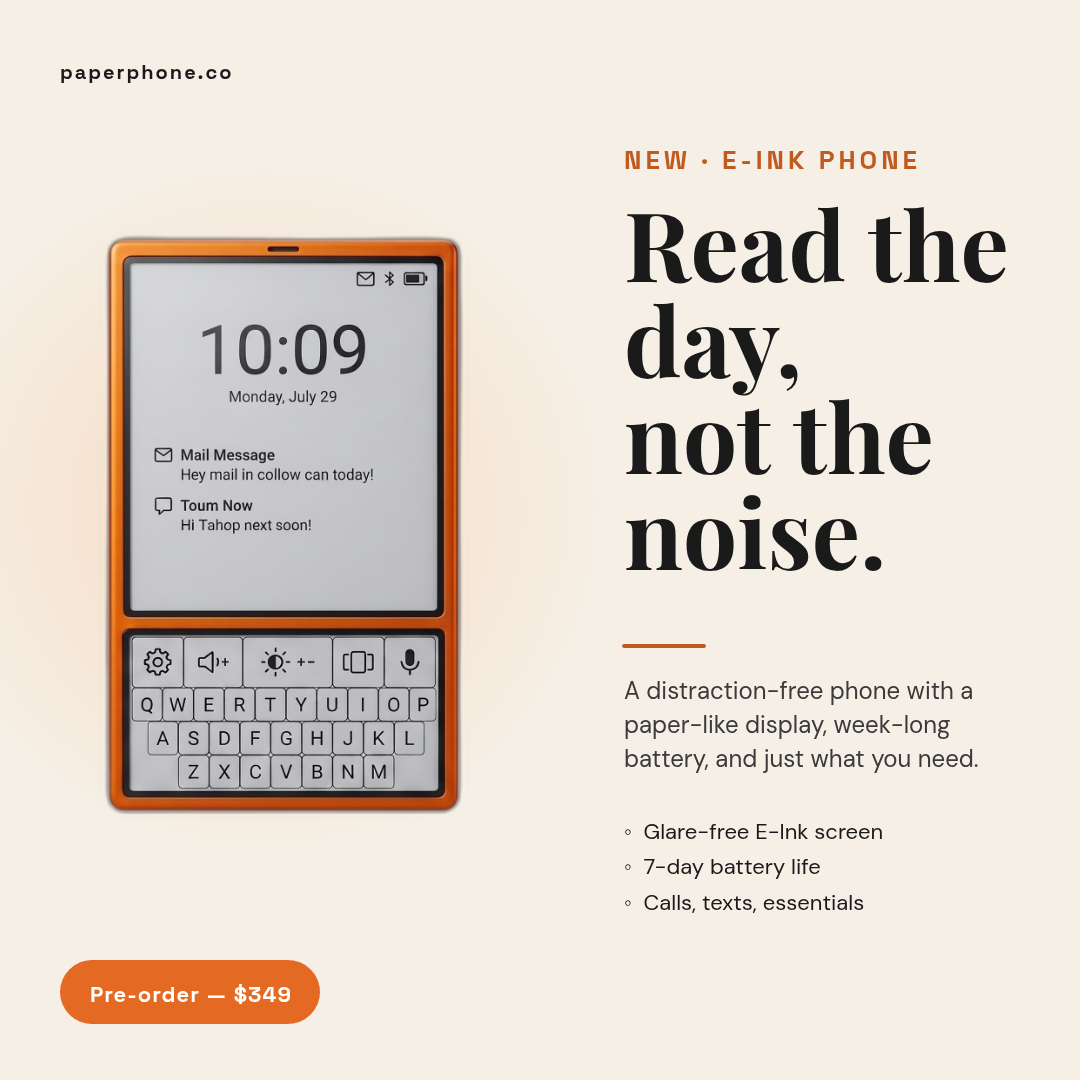 E-ink phone product poster generated with shapez.ai
